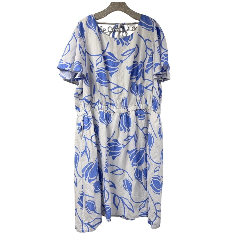 Lane Bryant Floral Dress 22 Ruffle Sleeve Tie Back Blue White Linen Blend